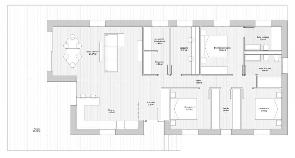 Planta de arquitectura de vivienda unifamiliar aislada